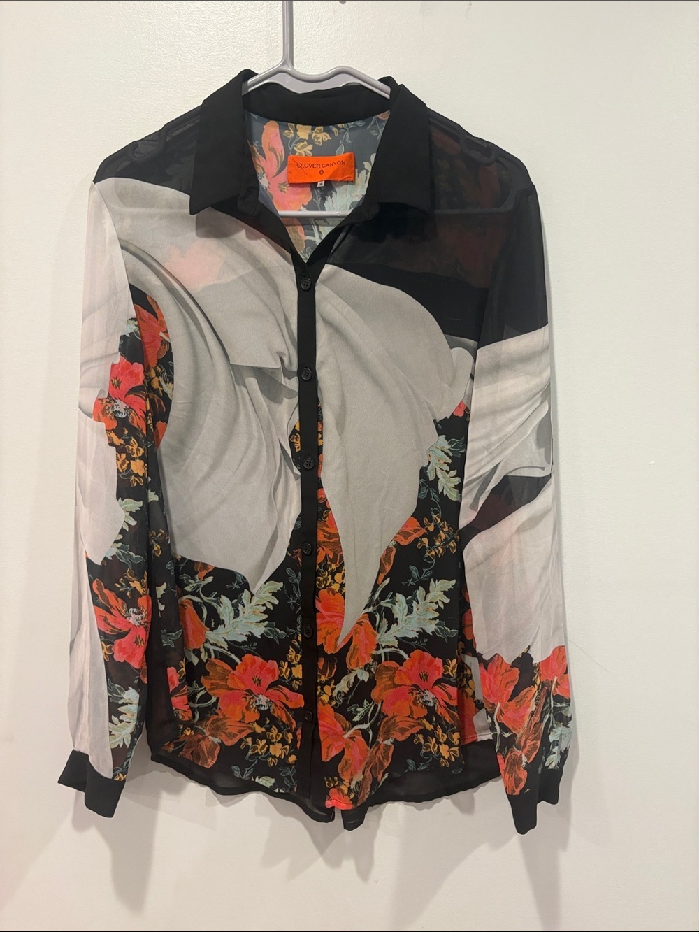 Clover Canyon Black Sheer Blouse with Coral & Red Floral Print ptp 20 length 28